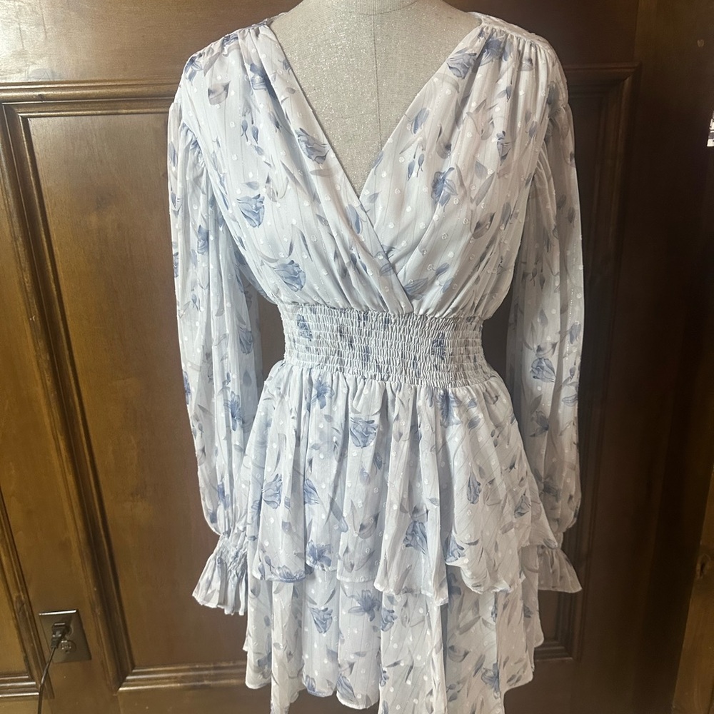 SIZE S Bardot Blue Tiered Ruffled V-Neck Sundress - Picture 4 of 6